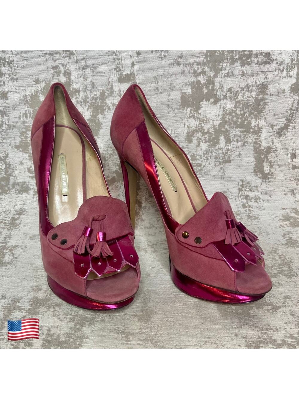 Nicholas Kirkwood Kiltie Suede and Metallic Tassel Loafer Stilettos in Pink
